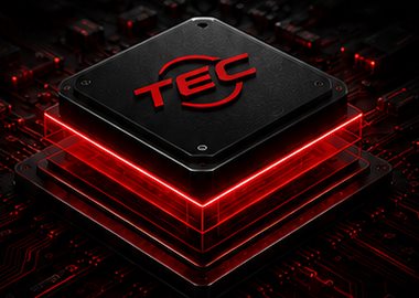TEC chip glowing red on a circuit board